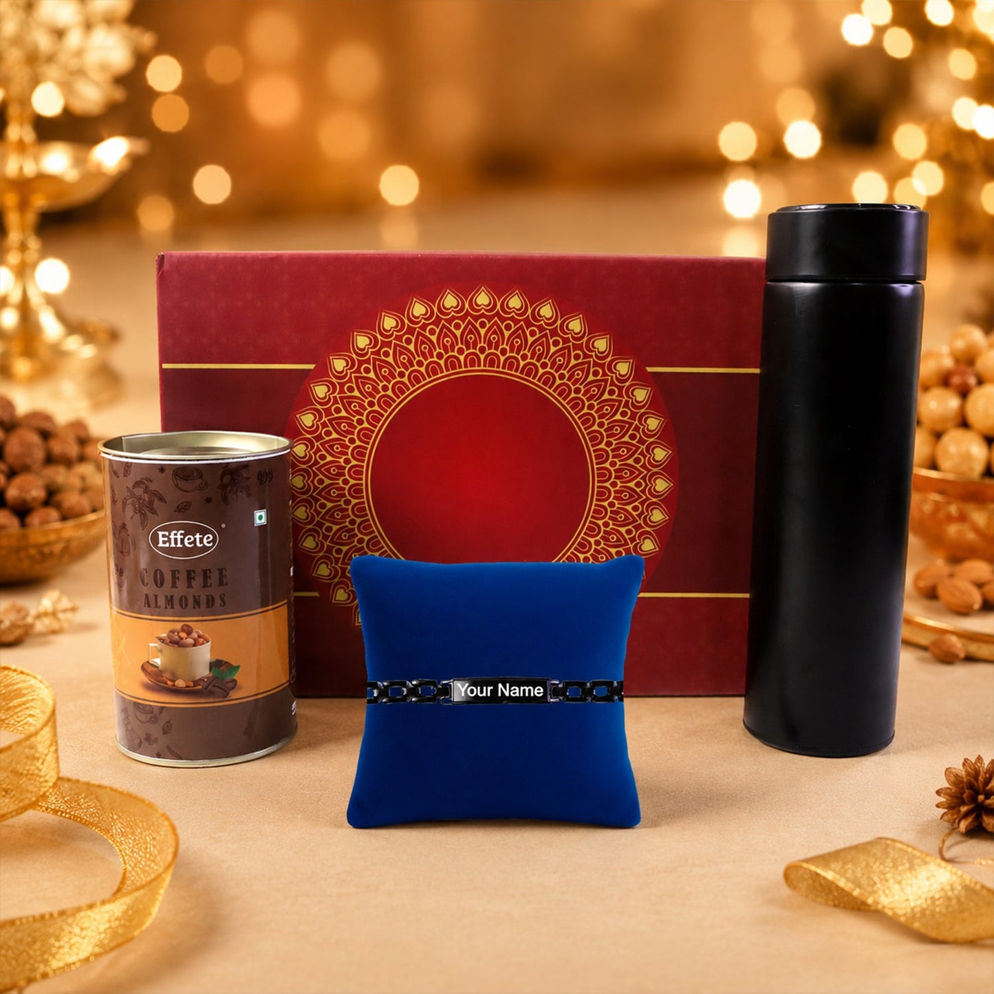 Customize Black Bracelet Rakhi with Chocolate & Bottle Set (1 Set)