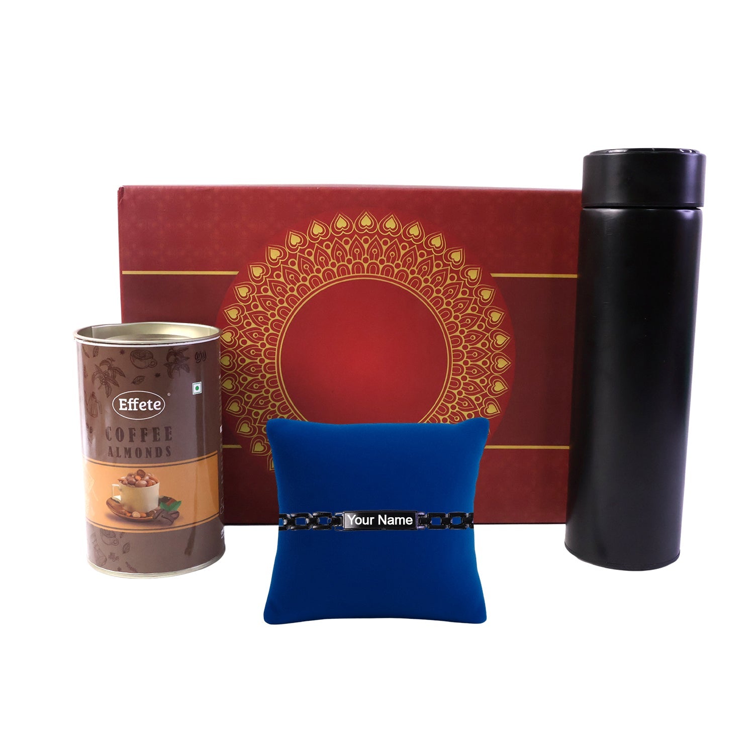Customize Black Bracelet Rakhi with Chocolate & Bottle Set (1 Set)