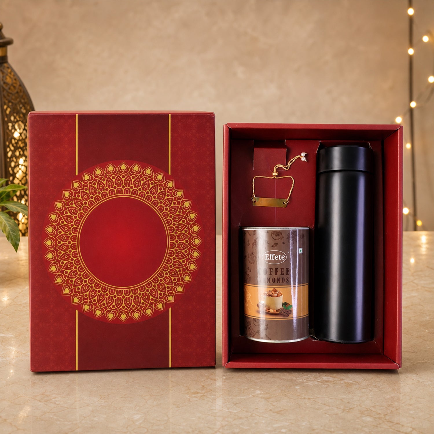 Customize Golden Name Plate Bracelet Rakhi with Chocolate & Bottle Set (1 Set)