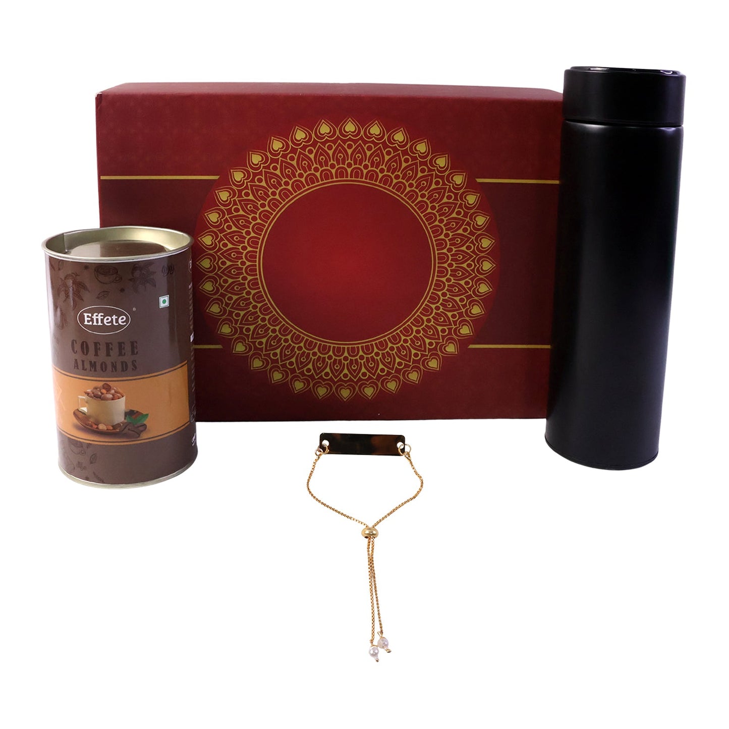 Customize Golden Name Plate Bracelet Rakhi with Chocolate & Bottle Set (1 Set)