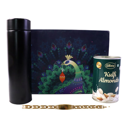 Customize Golden Chain Bracelet Rakhi with Chocolate & Bottle Set (1 Set)