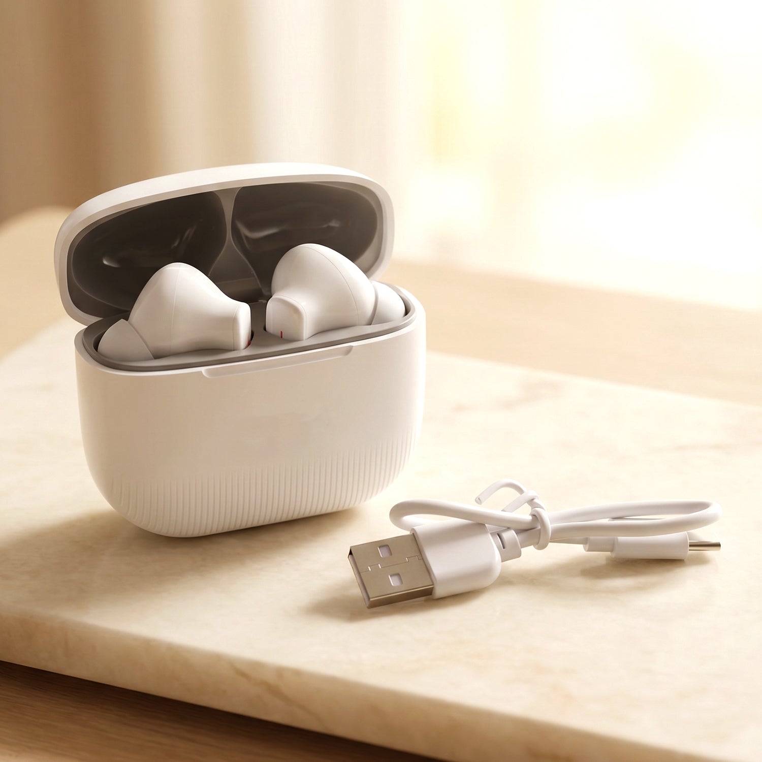 TWS wireless earbuds with white charging case and cable