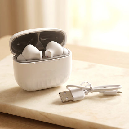TWS wireless earbuds with white charging case and cable