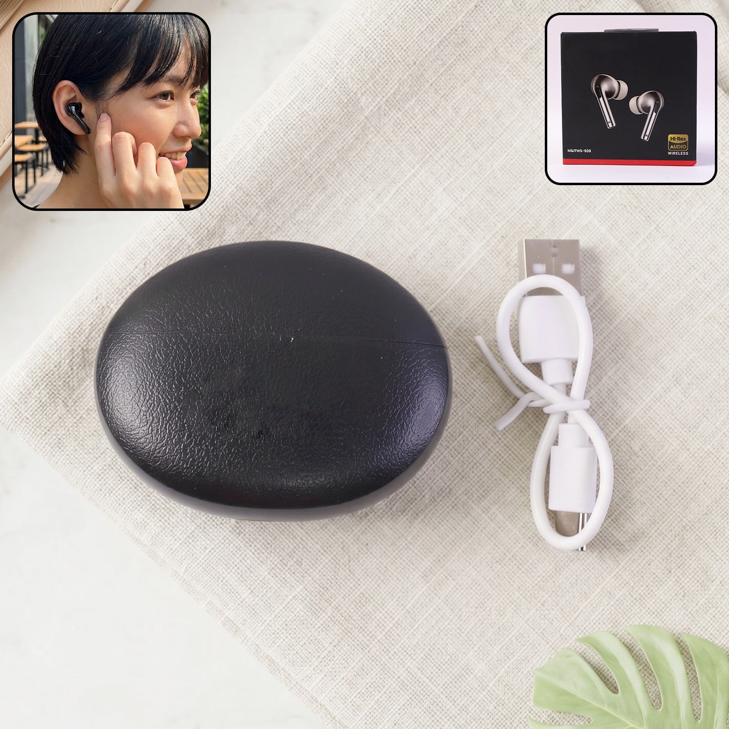 Wireless TWS Earbuds 939 black earbuds with case and charging cable