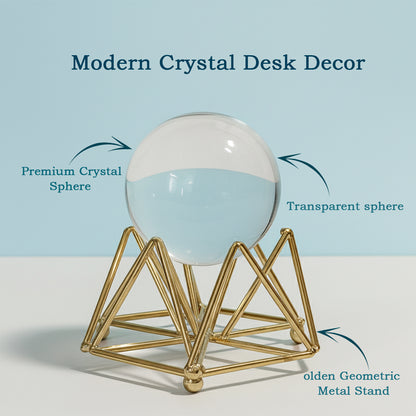 Decorative Crystal Ball with Premium Golden Geometric Stand for Home Office Desk | Clear Glass Sphere Showpiece for Table Decoration, Vastu, Meditation, Feng Shui, Gifting | Modern Luxury Home Décor Ornament