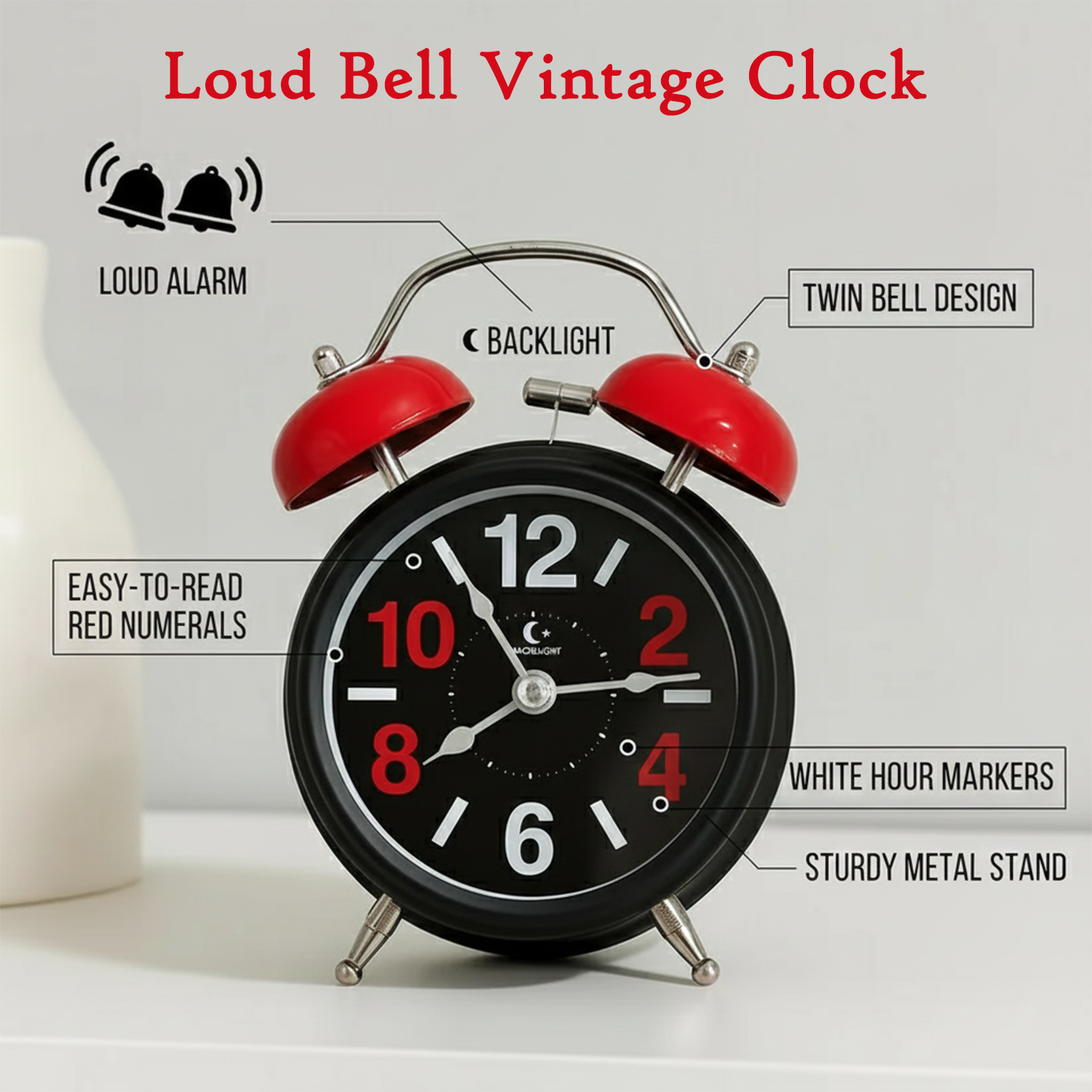 Vintage Twin Bell Alarm Clock with Loud Ring & Night Light, Red & Black