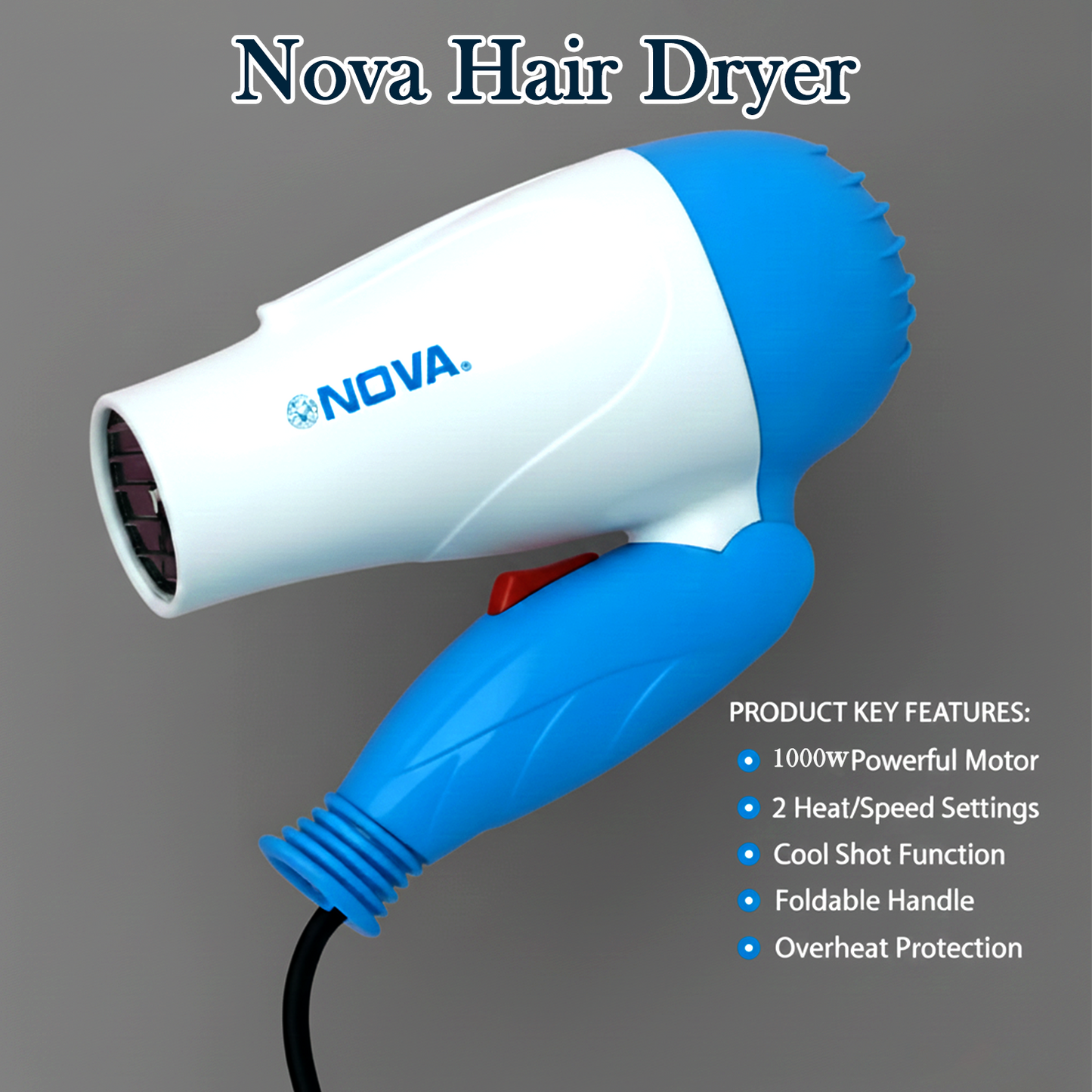 Nova 1000W Foldable Hair Dryer for Men & Women – Hot & Cold Compact Dryer