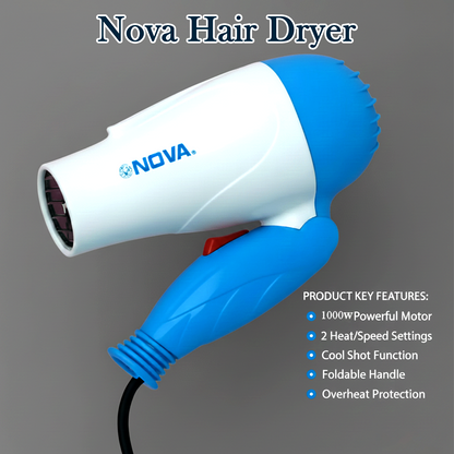 Nova 1000W Foldable Hair Dryer for Men & Women – Hot & Cold Compact Dryer