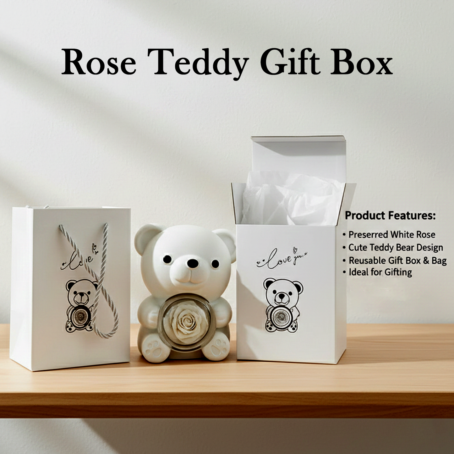 White Teddy Bear With Eternal Rose Gift Box | Romantic Love Gift for Her & Couples