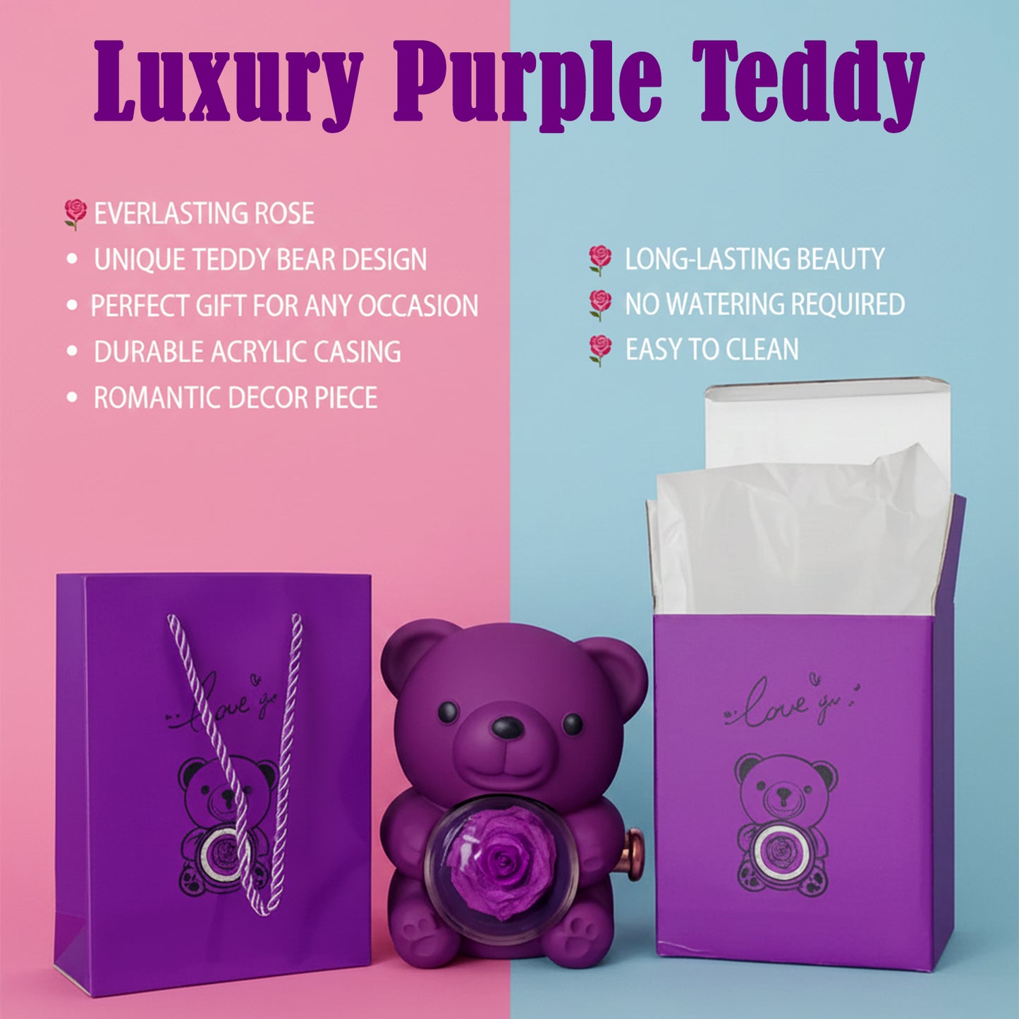 Purple Teddy Bear With Eternal Rose Gift Box | Romantic Love Gift for Her & Couples
