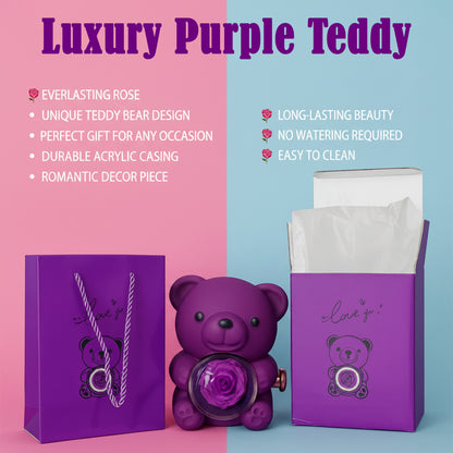 Purple Teddy Bear With Eternal Rose Gift Box | Romantic Love Gift for Her & Couples