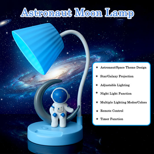 Blue astronaut moon LED table lamp with flexible neck adjusted