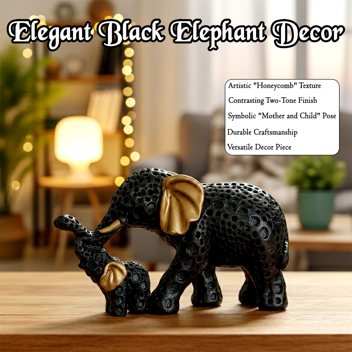 Black Elephant Mother & Baby Showpiece for Home Decor & Gifting
