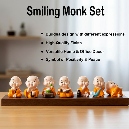Complete set of 8 smiling monk Buddha figurines