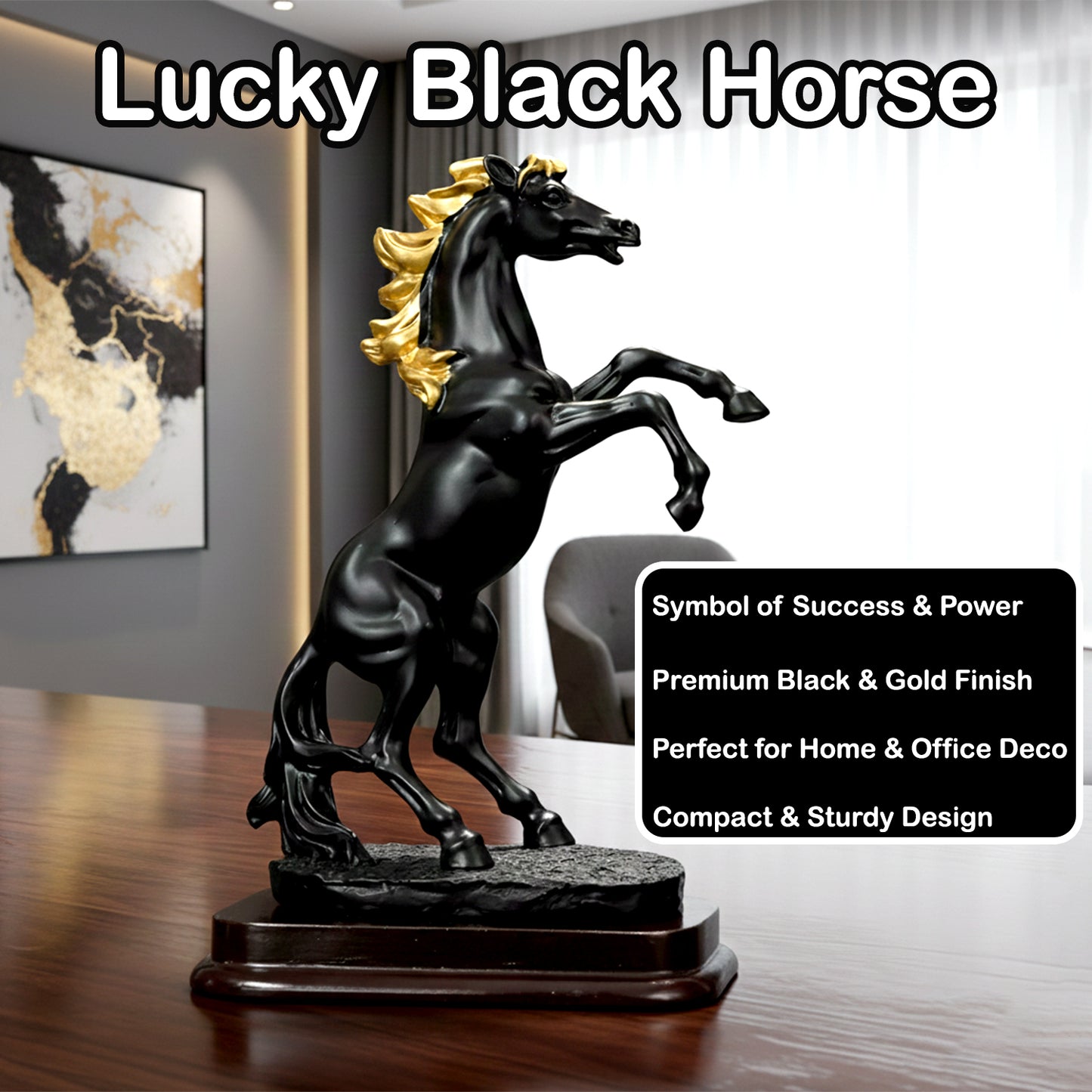 Black Horse poly-resin Showpiece with Golden Mane for Home Decor | Lucky Horse Statue