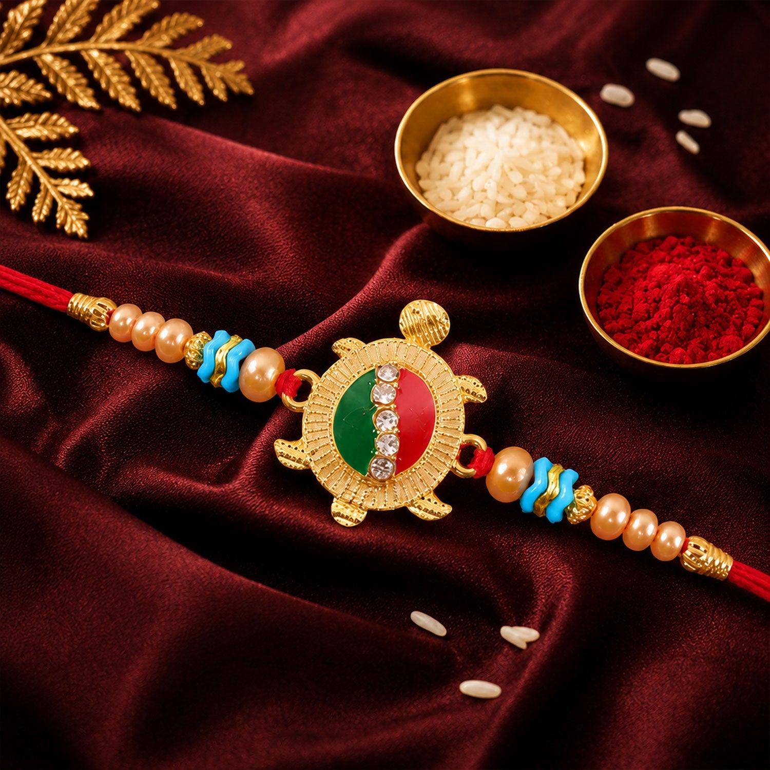 Auspicious Tortoise Meenakari Stone-Studded Beaded Rakhi for Brother