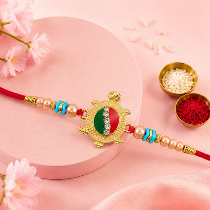 Auspicious Tortoise Meenakari Stone-Studded Beaded Rakhi for Brother