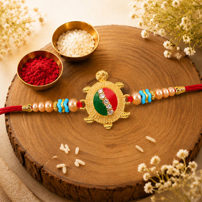Auspicious Tortoise Meenakari Stone-Studded Beaded Rakhi for Brother