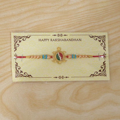 Auspicious Tortoise Meenakari Stone-Studded Beaded Rakhi for Brother