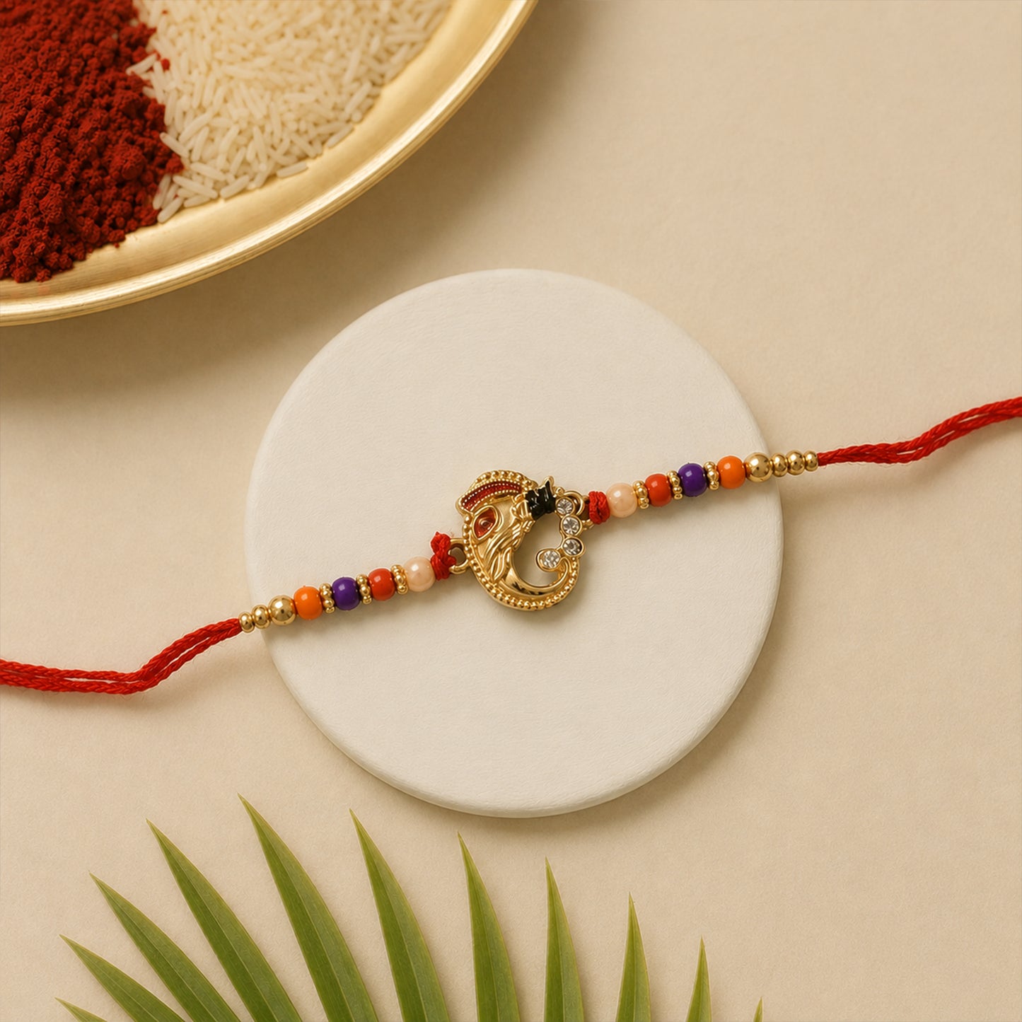 Elegant designer rakhi with premium decorative centerpiece on traditional thread