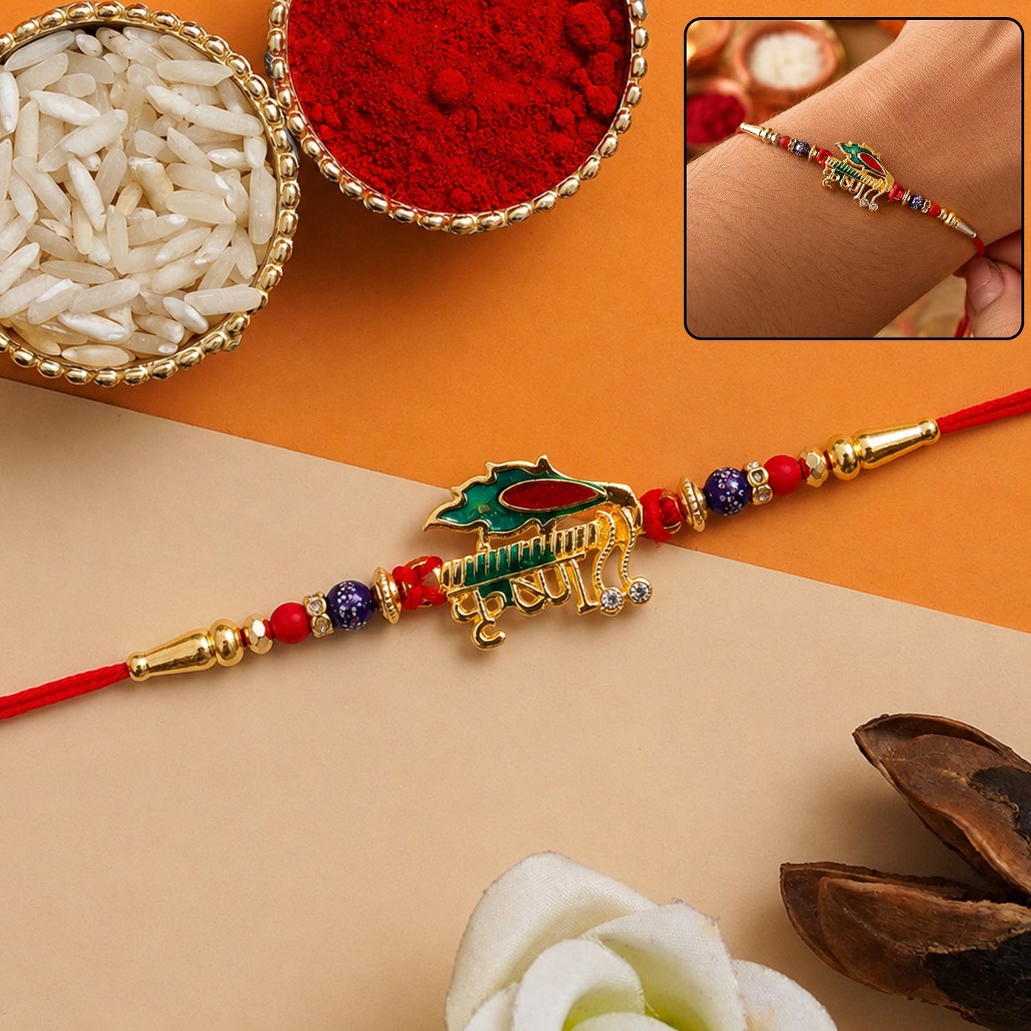 Stylish Krishna Rakhi with Red & Blue Beads for Brother