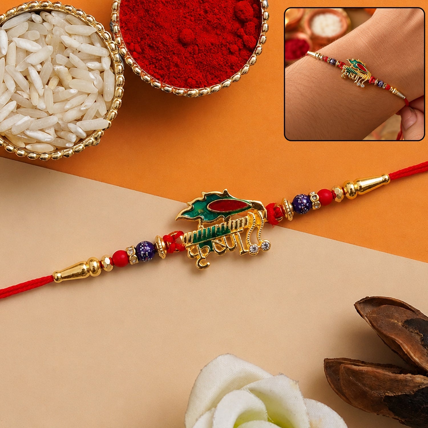 Stylish Krishna Rakhi with Red & Blue Beads for Brother