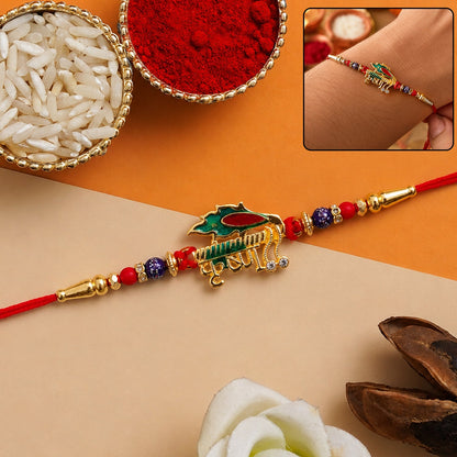 Stylish Krishna Rakhi with Red & Blue Beads for Brother