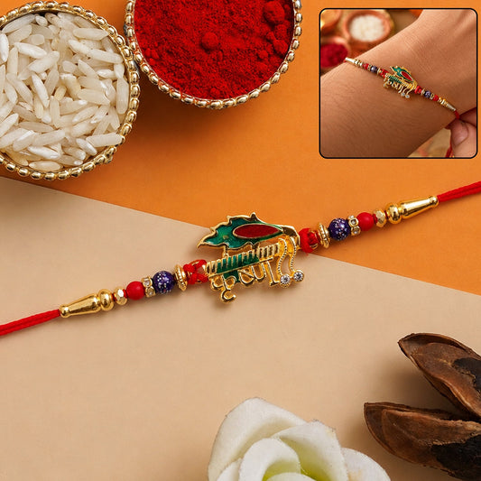 Stylish Krishna Rakhi with Red & Blue Beads for Brother
