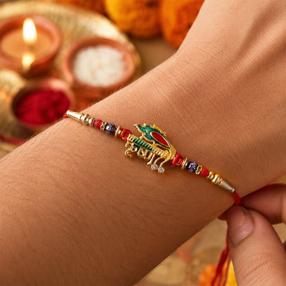 Stylish Krishna Rakhi with Red & Blue Beads for Brother