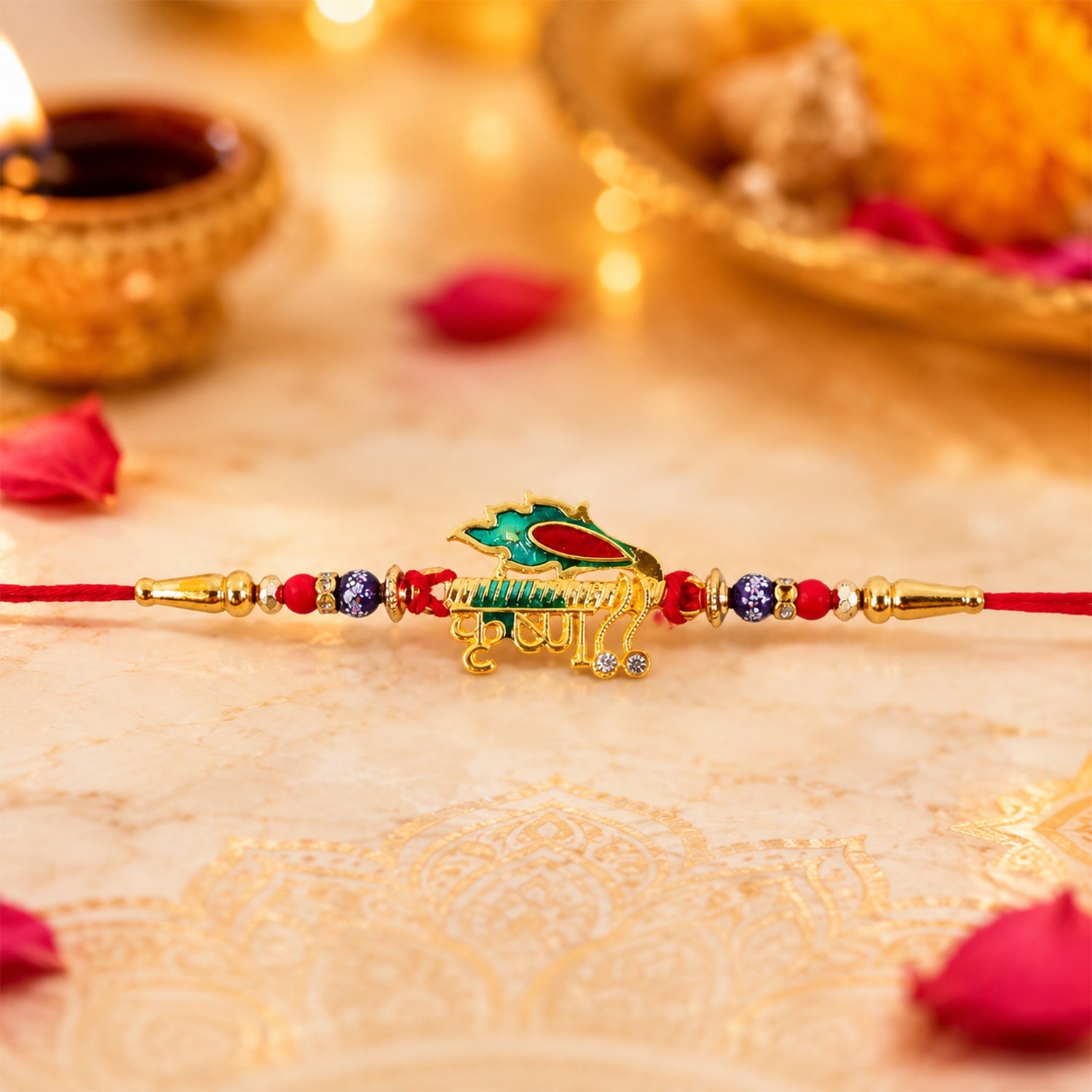 Stylish Krishna Rakhi with Red & Blue Beads for Brother