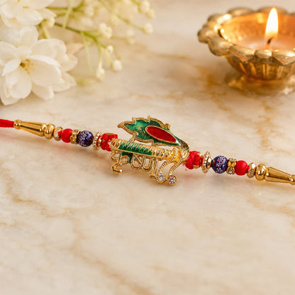 Stylish Krishna Rakhi with Red & Blue Beads for Brother