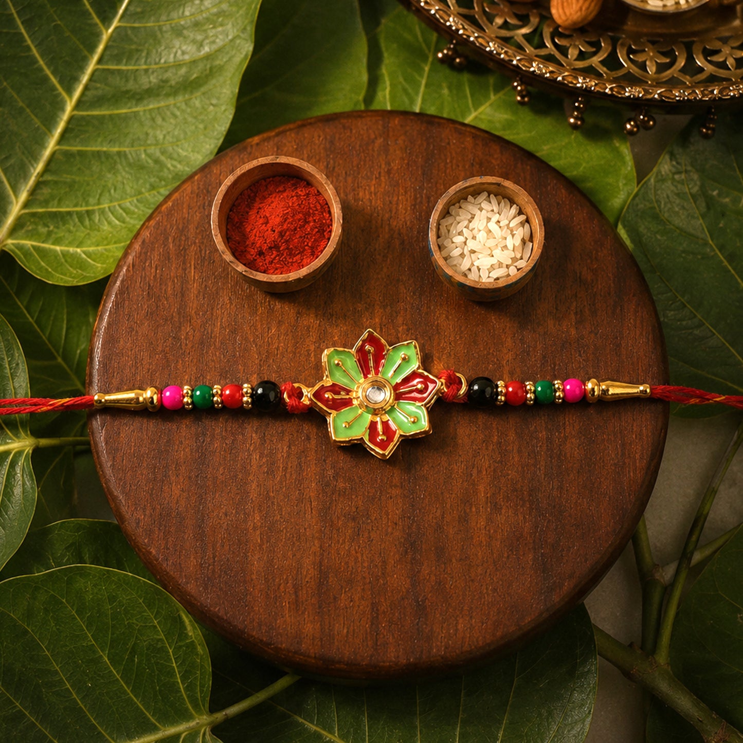 Traditional Floral Design Rakhi with colorful beads and stones