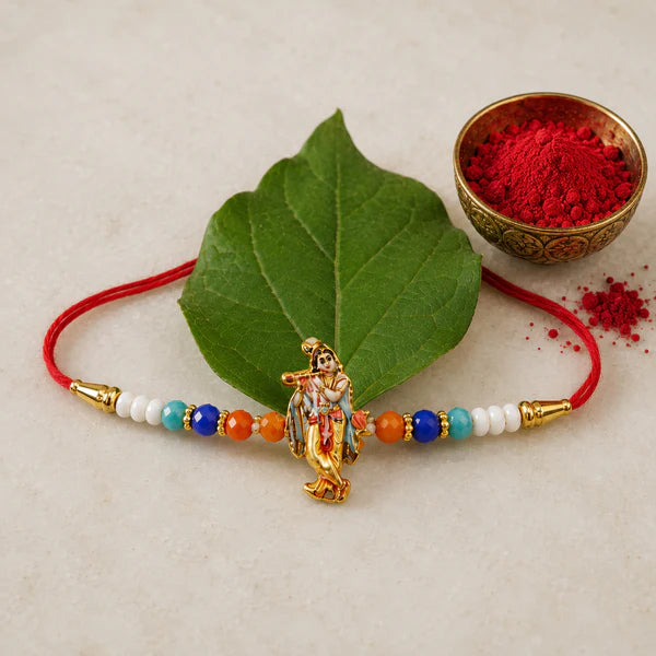 Spiritual Rakhi with Lord Krishna idol, suitable for Raksha Bandhan and other festive occasions.