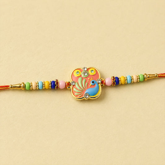 Rakhi – Colorful Peacock Design with Decorative Beads for Raksha Bandhan