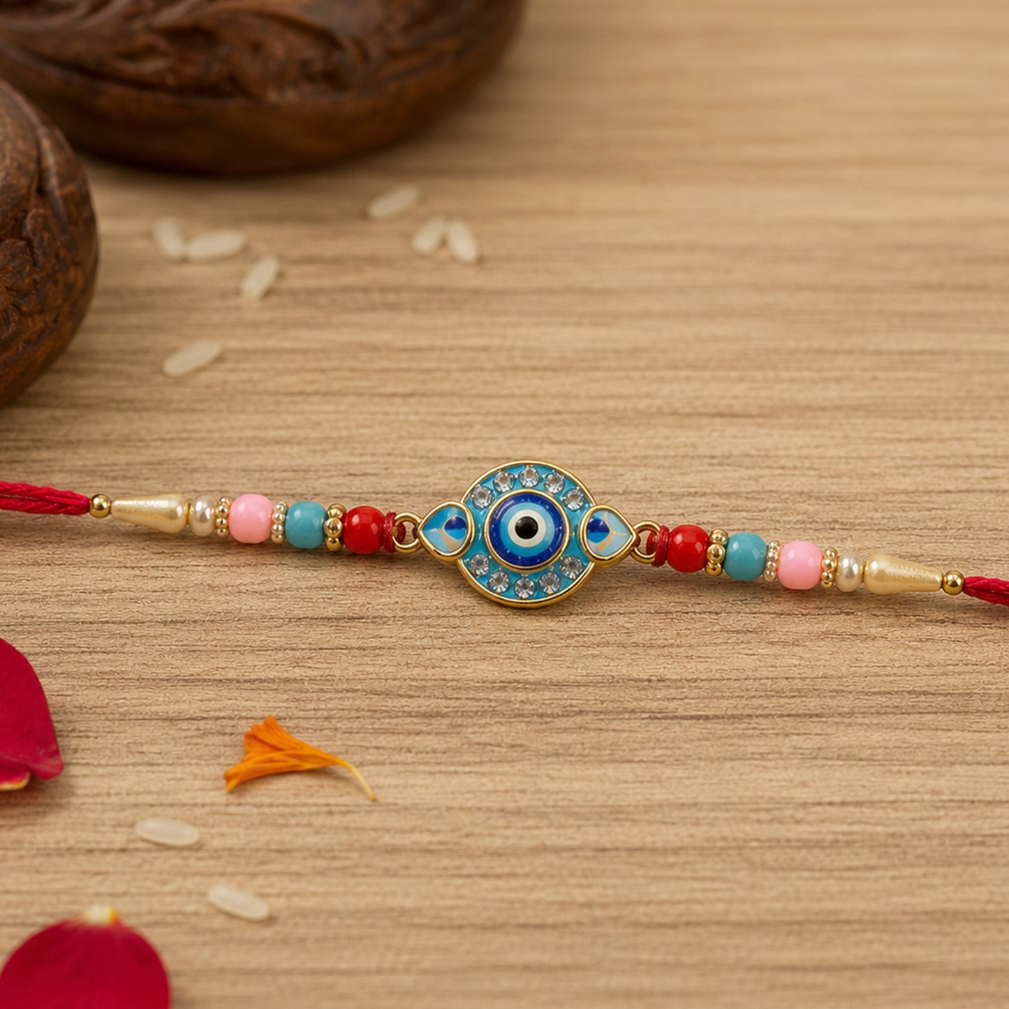 Evil Eye Designer Rakhi with vibrant multicolor beads on soft thread