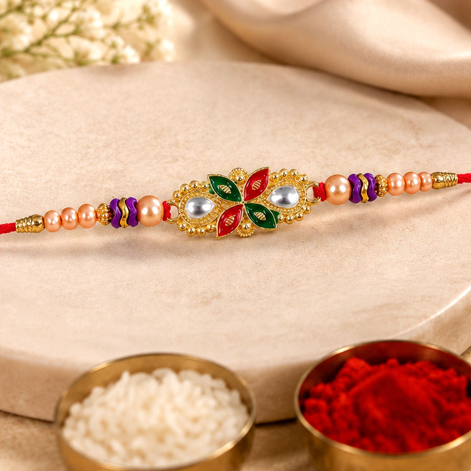 Floral Meenakari Pearl Stone-Studded Beaded Rakhi for Brother