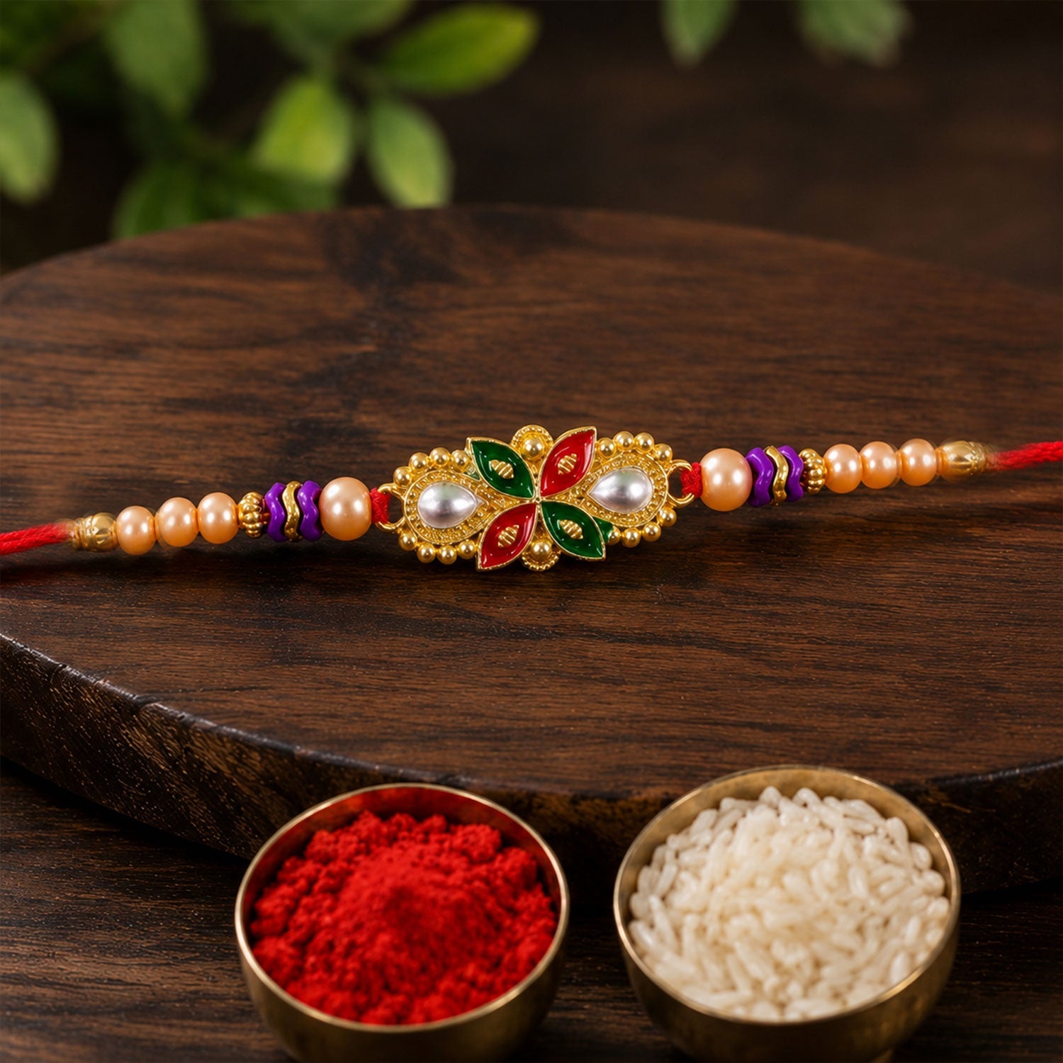 Floral Meenakari Pearl Stone-Studded Beaded Rakhi for Brother