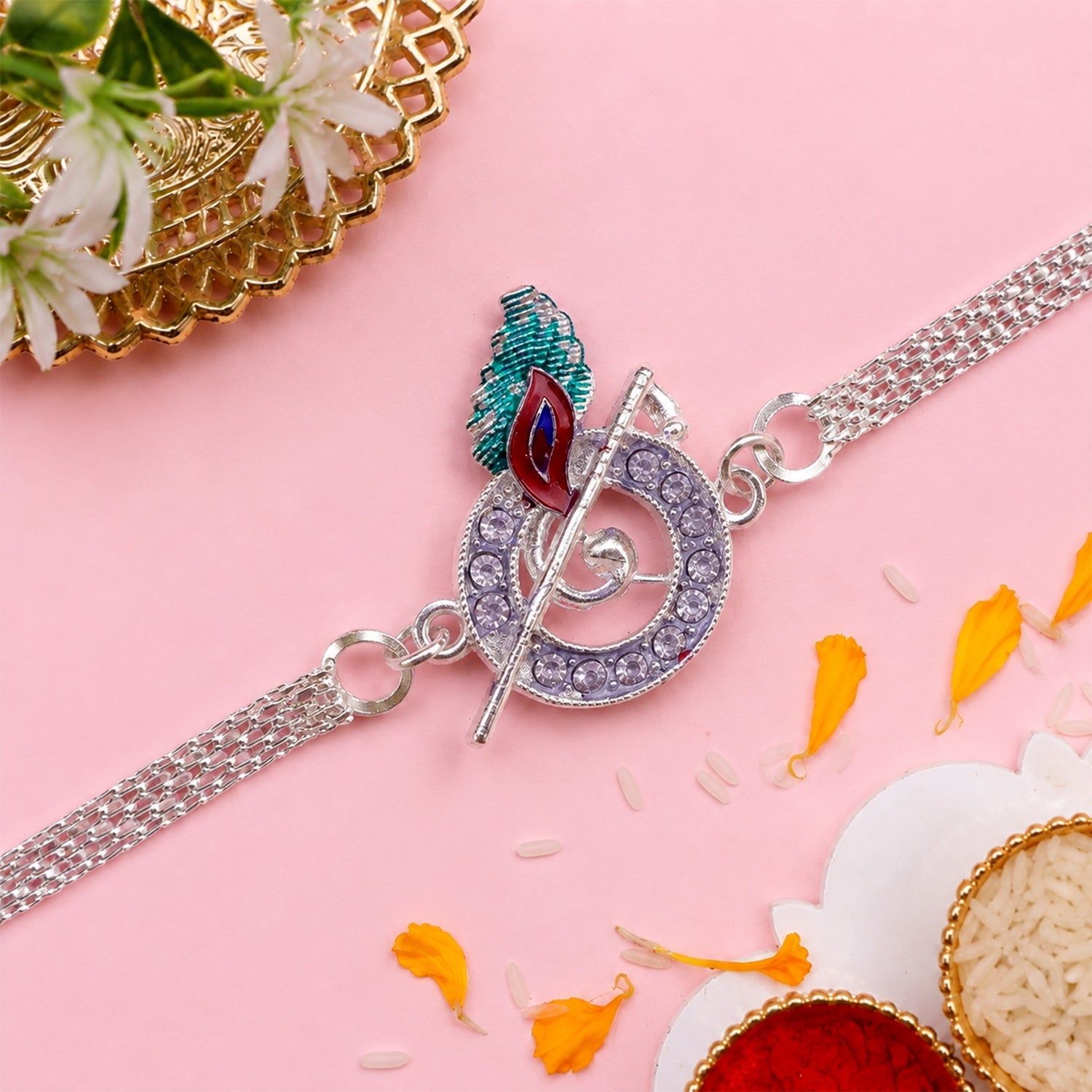Krishna Morpankh Bansuri Stone-Studded Chain Rakhi for Brother
