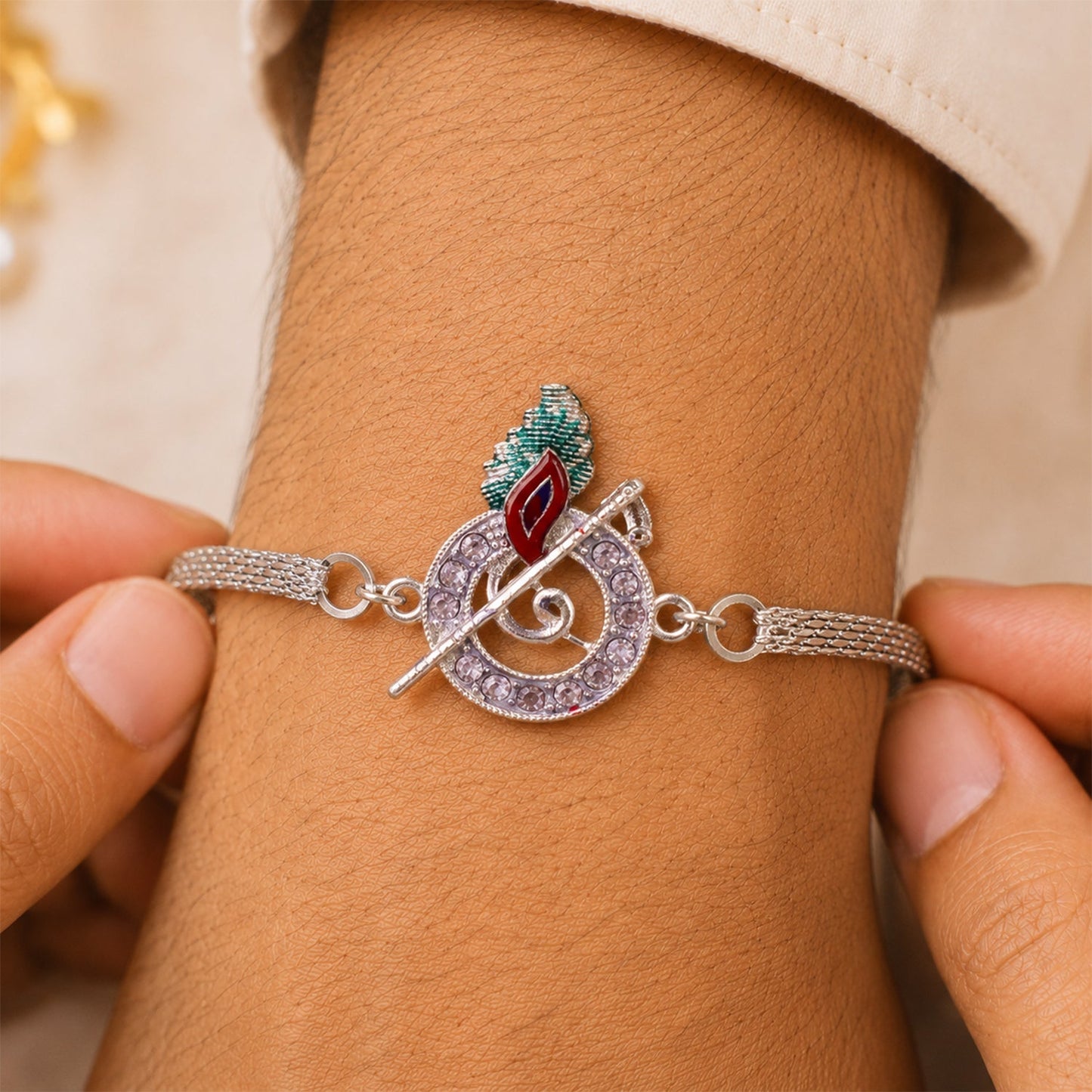 Krishna Morpankh Bansuri Stone-Studded Chain Rakhi for Brother