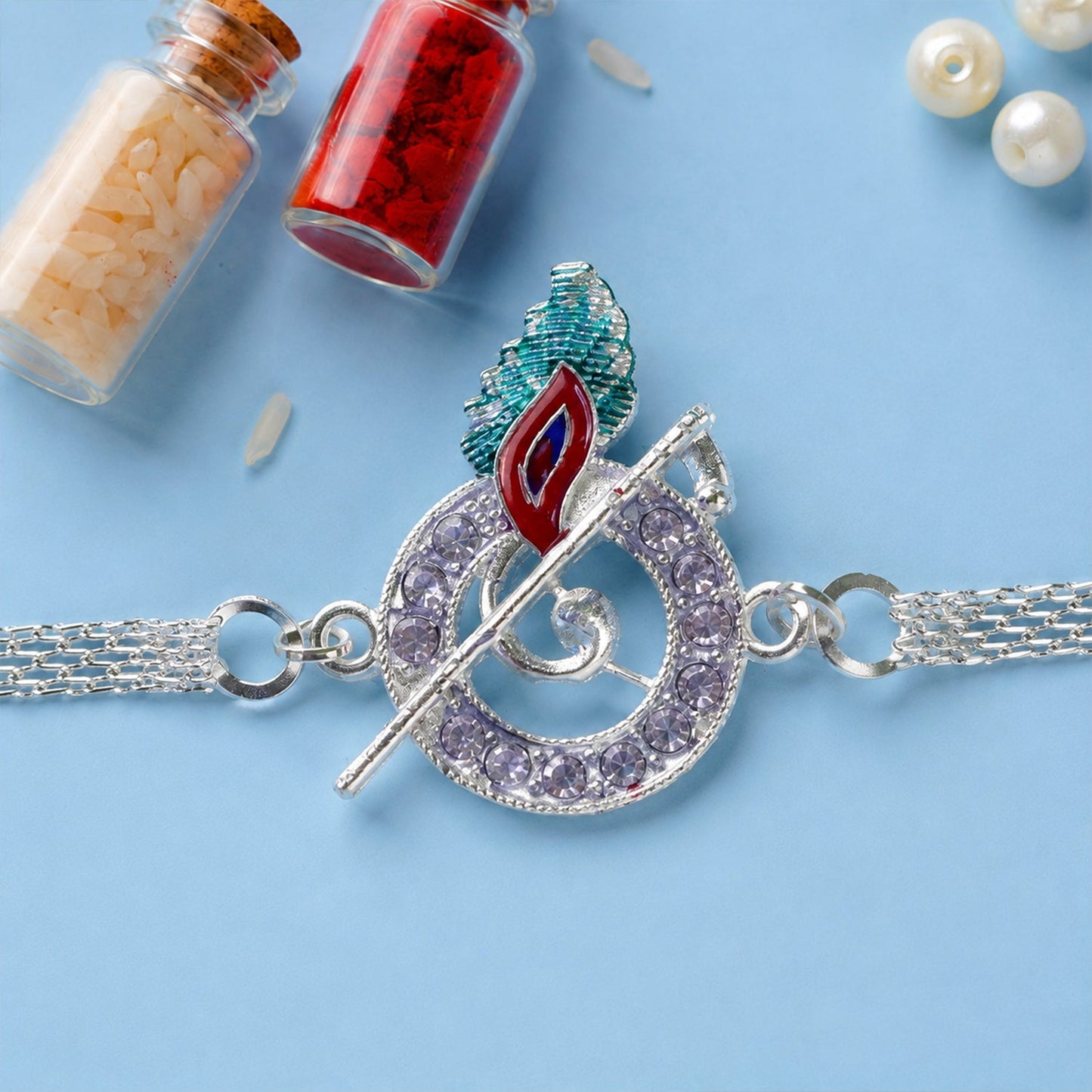 Krishna Morpankh Bansuri Stone-Studded Chain Rakhi for Brother