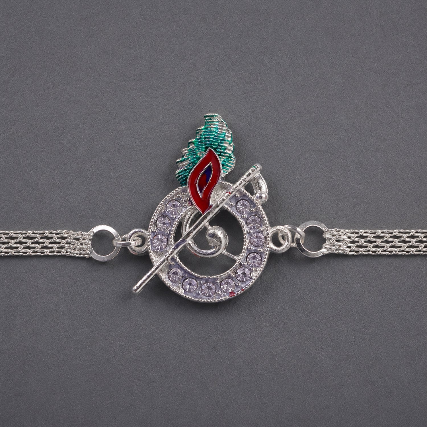 Krishna Morpankh Bansuri Stone-Studded Chain Rakhi for Brother