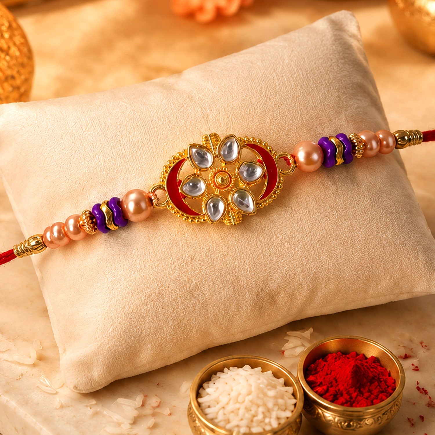 Oval Kundan Floral Stone-Studded Beaded Designer Rakhi for Brother