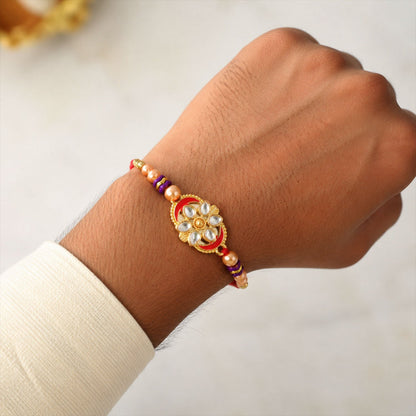 Oval Kundan Floral Stone-Studded Beaded Designer Rakhi for Brother