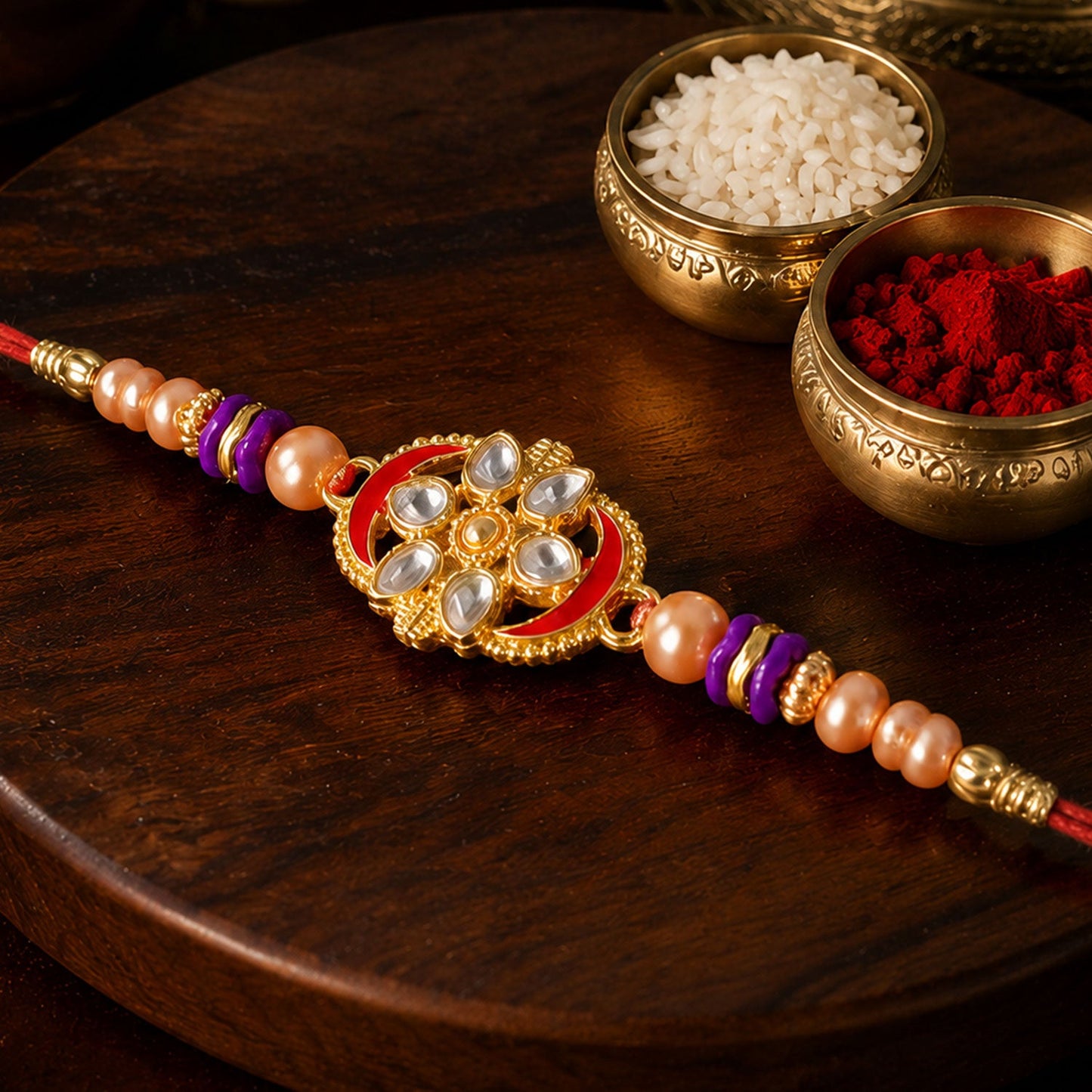 Oval Kundan Floral Stone-Studded Beaded Designer Rakhi for Brother