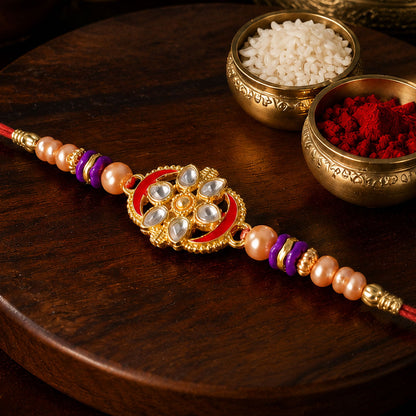 Oval Kundan Floral Stone-Studded Beaded Designer Rakhi for Brother