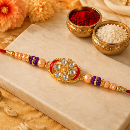 Oval Kundan Floral Stone-Studded Beaded Designer Rakhi for Brother