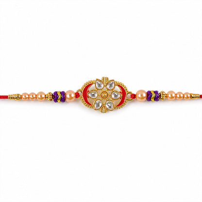 Oval Kundan Floral Stone-Studded Beaded Designer Rakhi for Brother