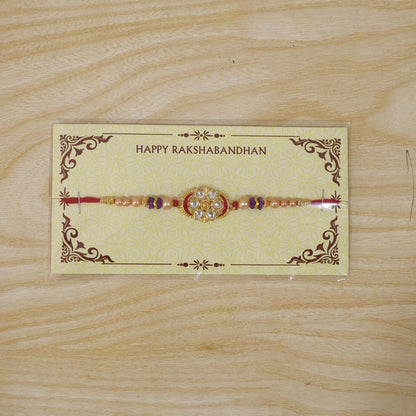 Oval Kundan Floral Stone-Studded Beaded Designer Rakhi for Brother