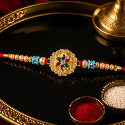 Round Floral Meenakari Enamel Pearl Beaded Rakhi for Brother