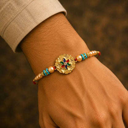 Round Floral Meenakari Enamel Pearl Beaded Rakhi for Brother